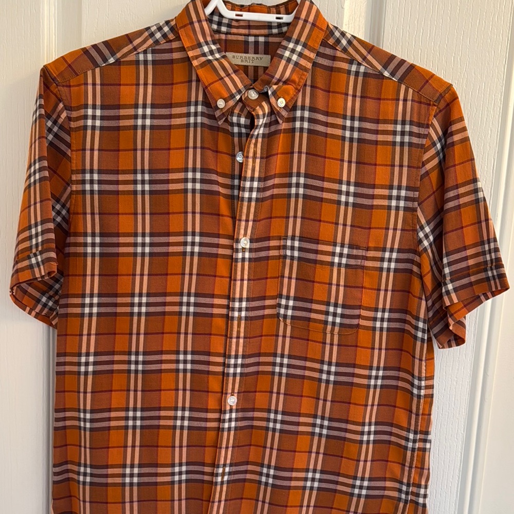 Burberry Men's Orange and Black Plaid Shirt